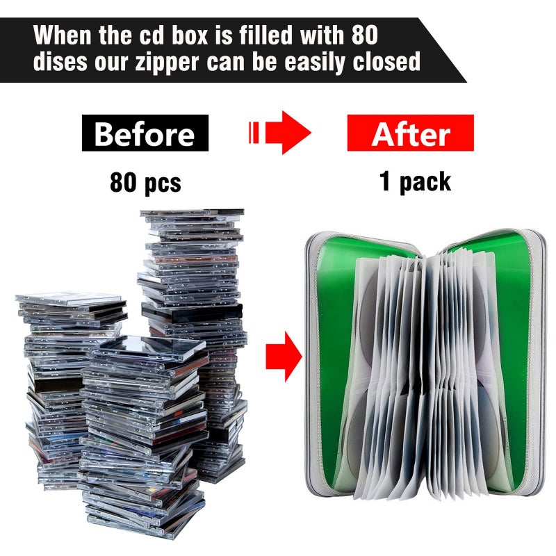 Siveit CD Case Holder, 80 Capacity CD/DVD Case Holders Wallet Hard Plastic CD DVD Disc Cases Storage Binder for Car Home Office Travel (Green) - Image 4